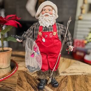 Vintage Fisherman Santa Tabletop Christmas Decor w/ Fish Rod and Net in Hand-19”